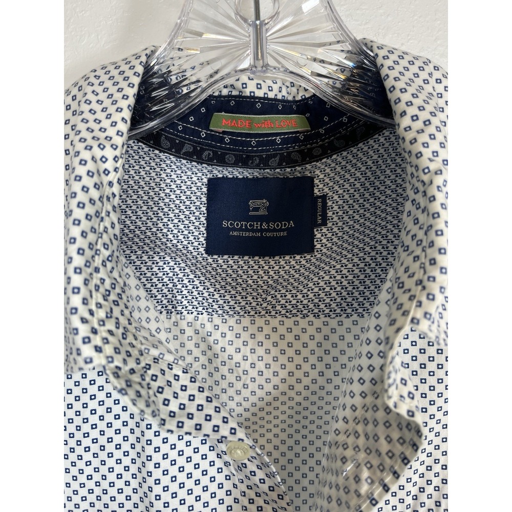 SCOTCH & SODA Sz L/XL Men's Shirt White Blue Geometric Print Button Up Down - Picture 3 of 10